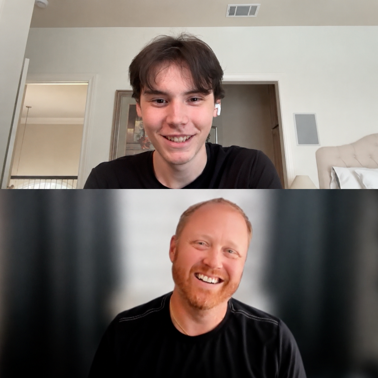 Remy Lievens speaking with Greg, an aerospace engineer and co-founder, over a video call